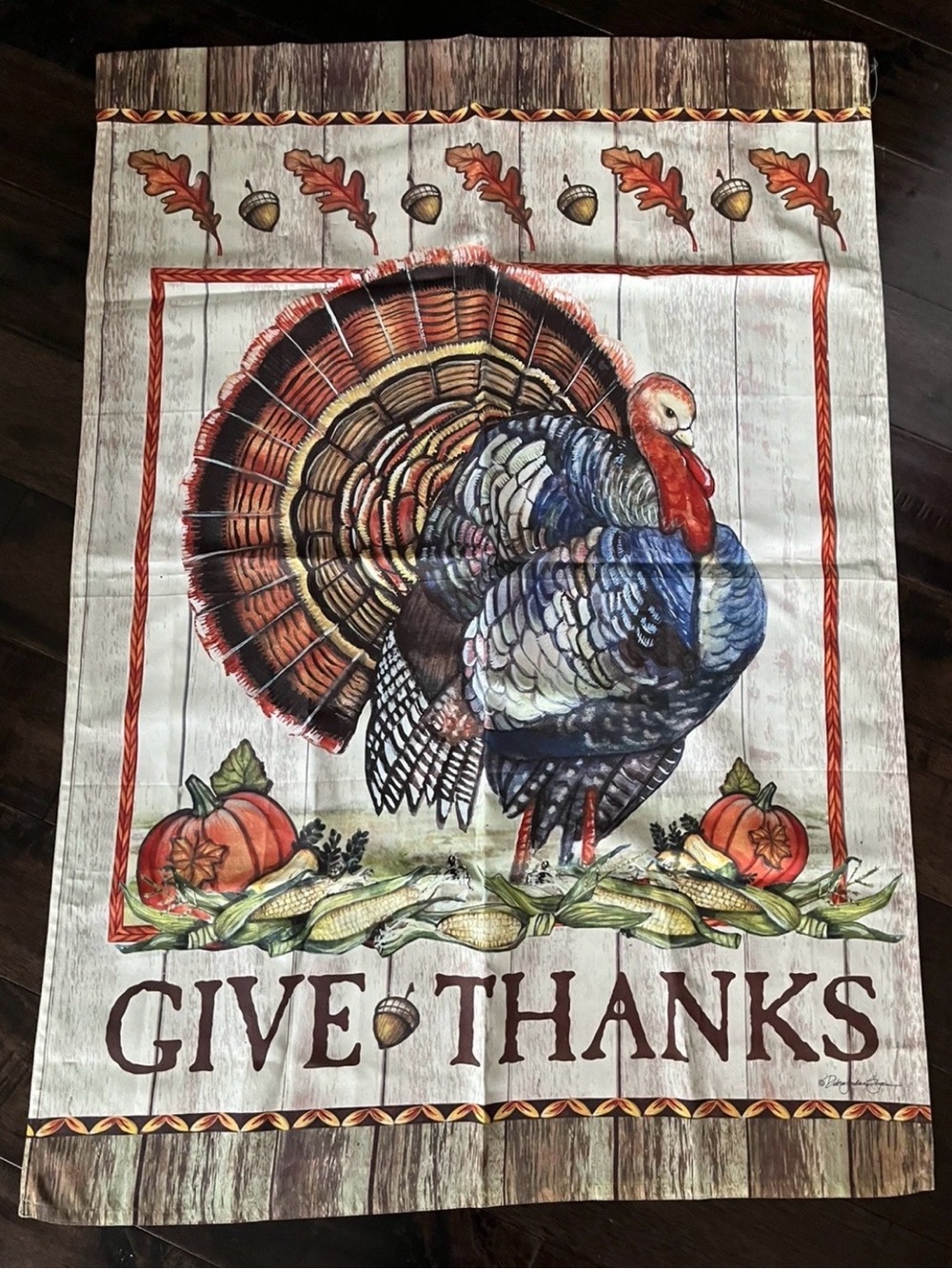 Outdoor House Flag Turkey "Give Thanks" Fall Yard Large 39.5"x28" Debra Bryan